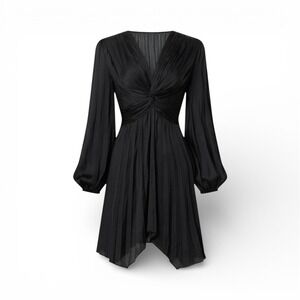 Maje Rivily Pleated Satin Mini Dress Black Twist Front FR 38 US 6 Long Sleeve